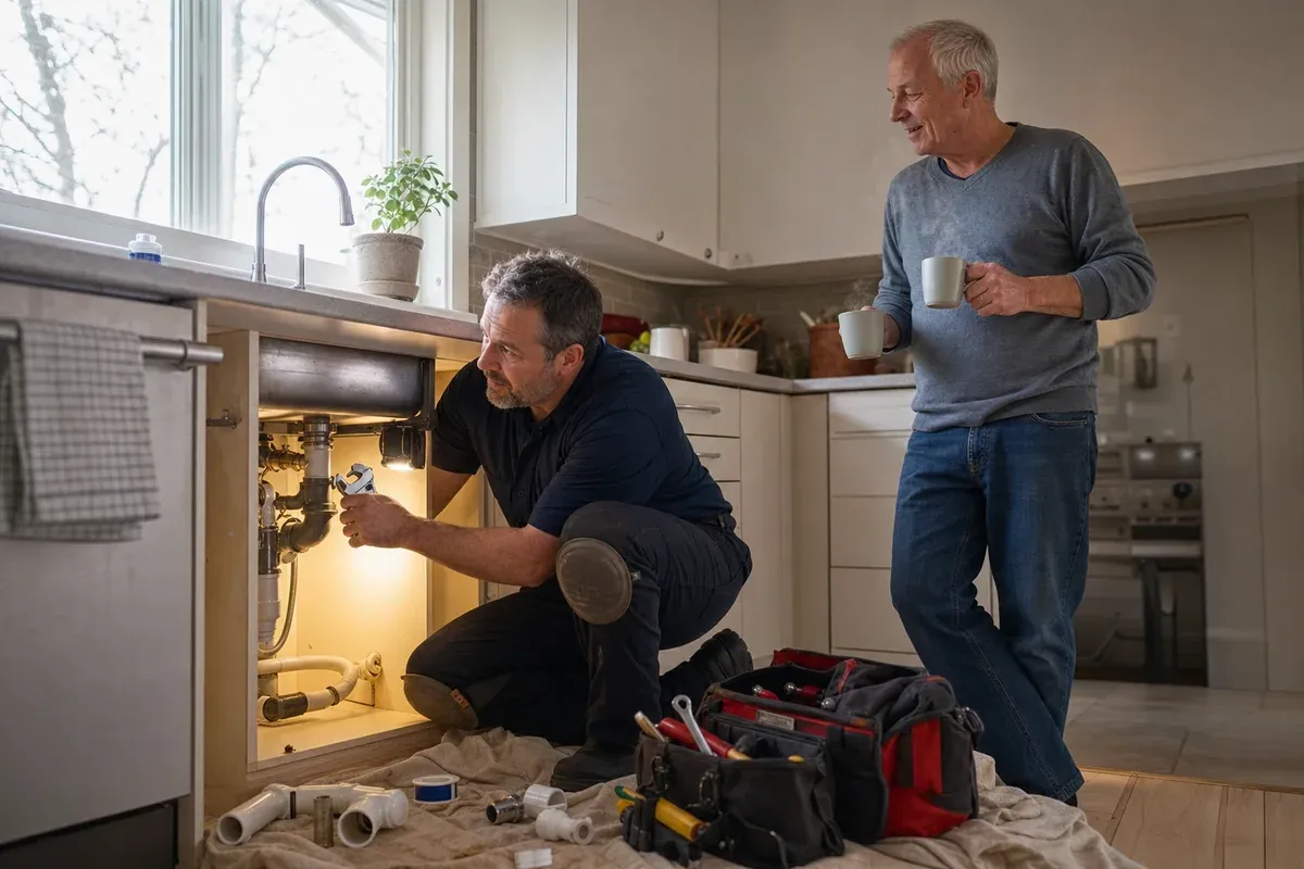 A plumber repairs a leak under a kitchen sink while the homeowner brings over two mugs of tea