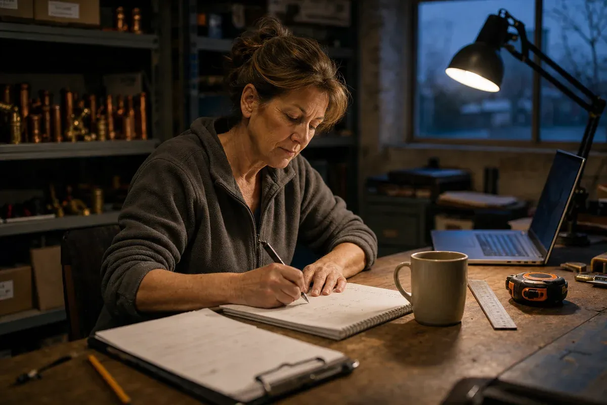 The owner of a small plumbing business writes up a quote at her workshop desk in the evening