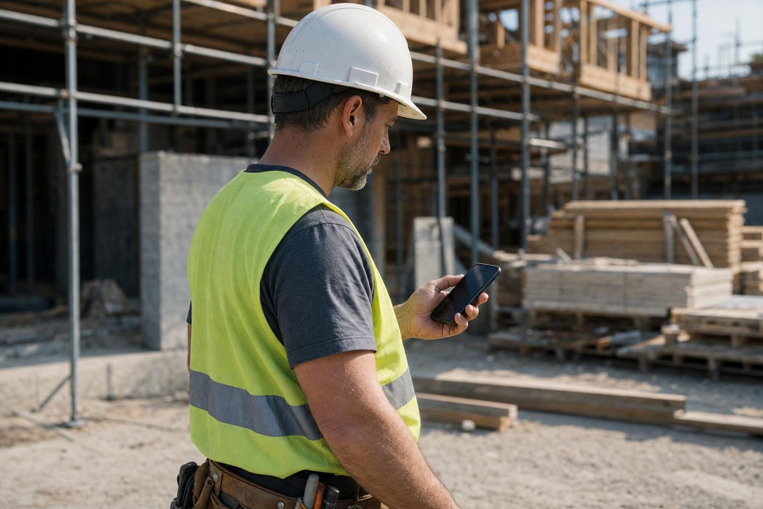 Construction worker checking project enquiries on a phone at a job site