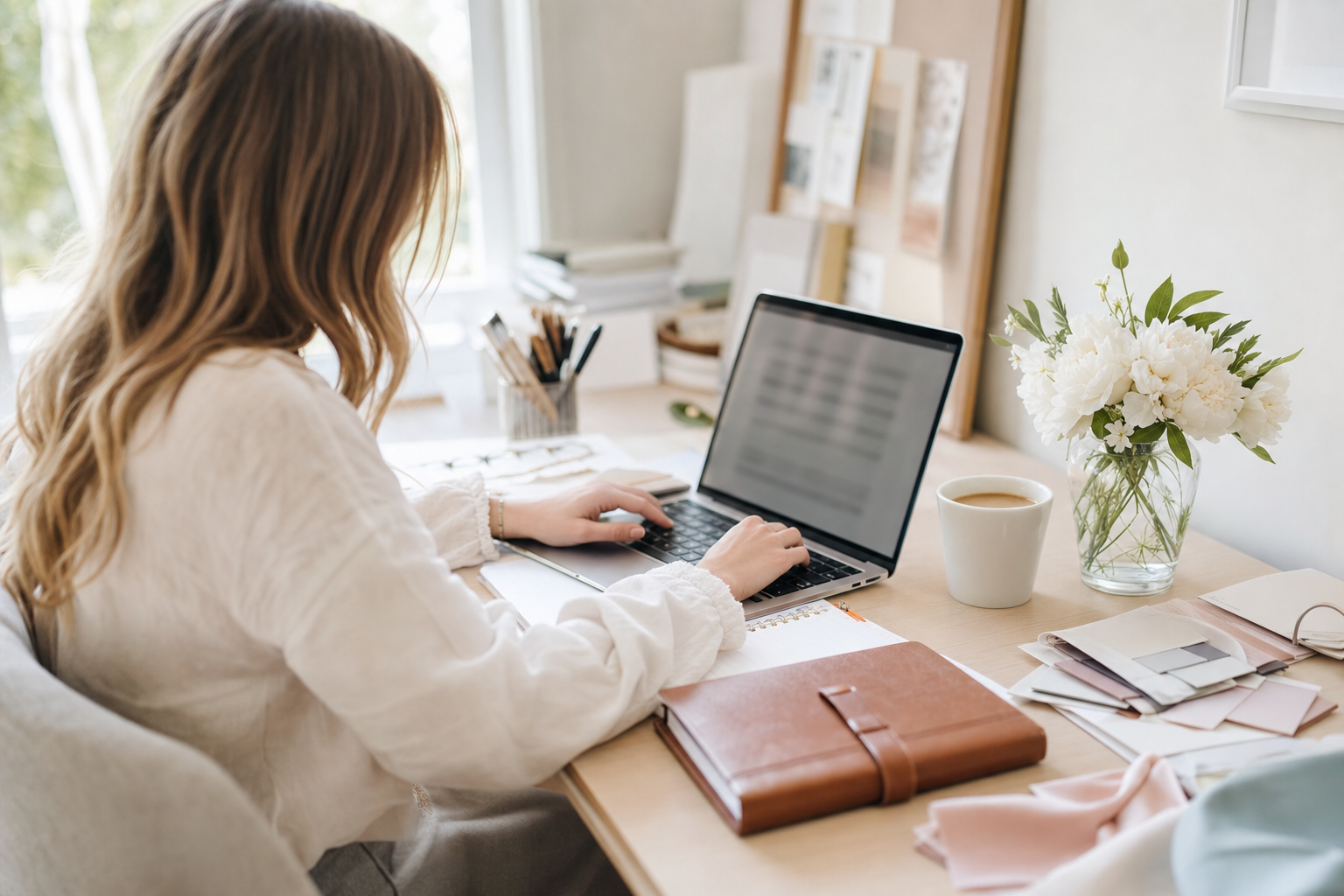 Wedding planner reviewing enquiries at her studio desk