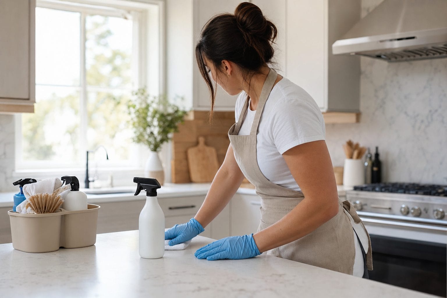 Professional cleaner wiping a kitchen counter in a bright modern home