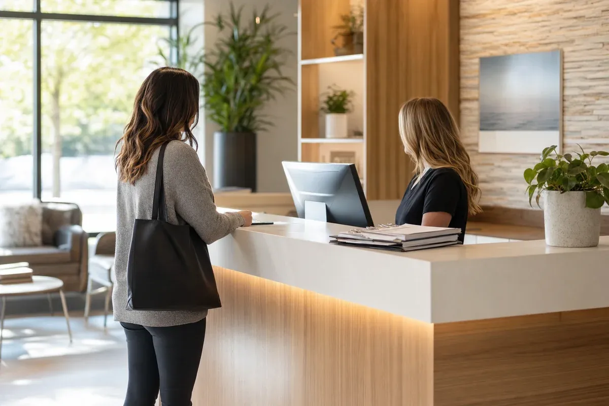 Chiropractic clinic receptionist greeting a new patient at the front desk