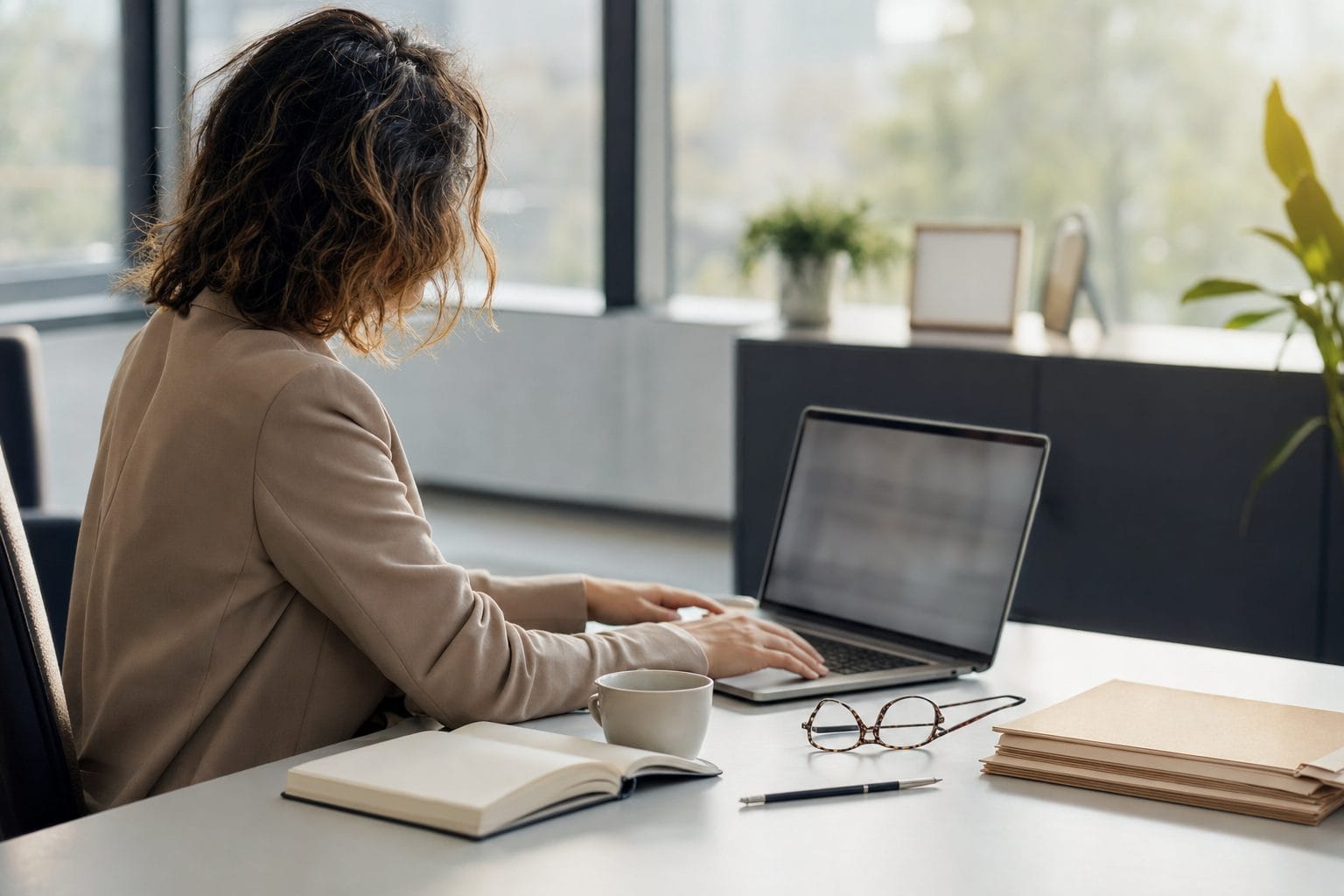 Recruitment consultant reviewing candidate details at her desk in a bright office