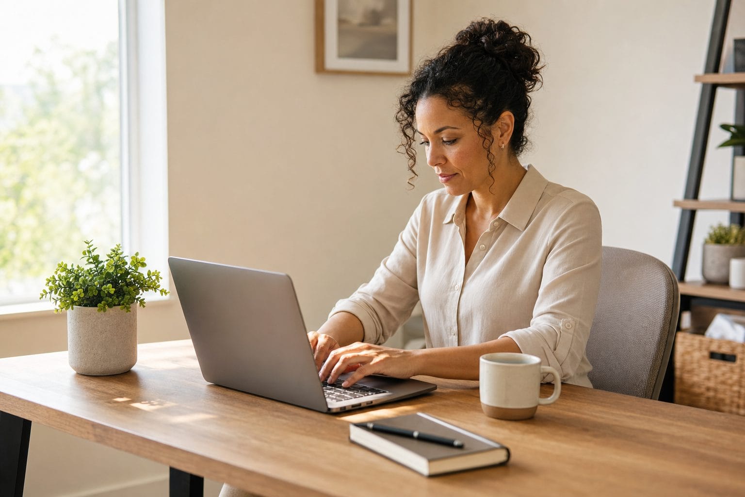 Cleaning business owner reviewing enquiries on a laptop at a tidy desk