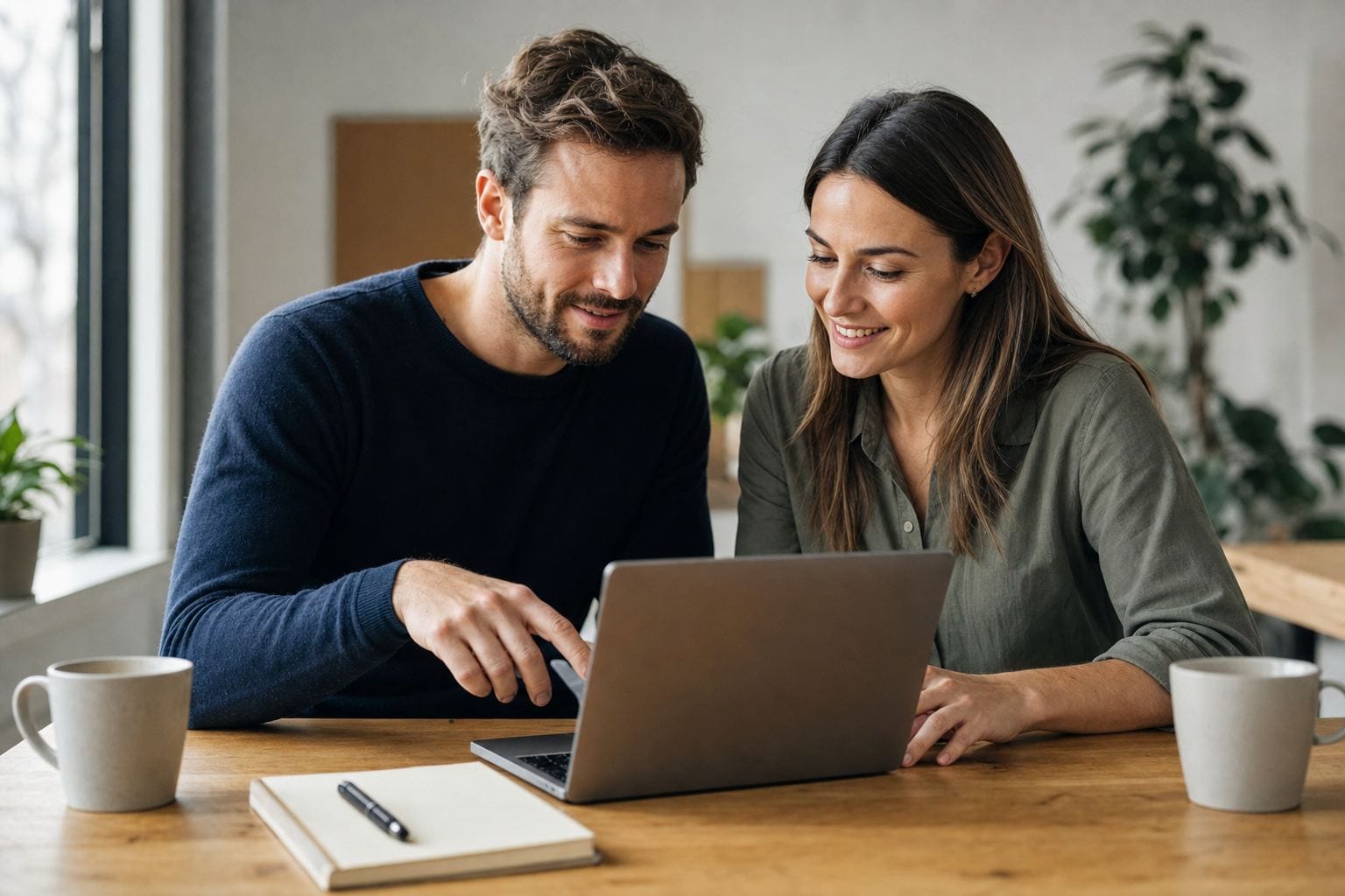 Two colleagues comparing lead generation tools on a laptop together