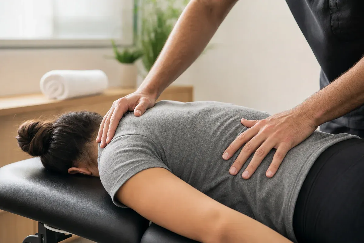 Chiropractor performing a gentle back adjustment on a patient in a bright treatment room