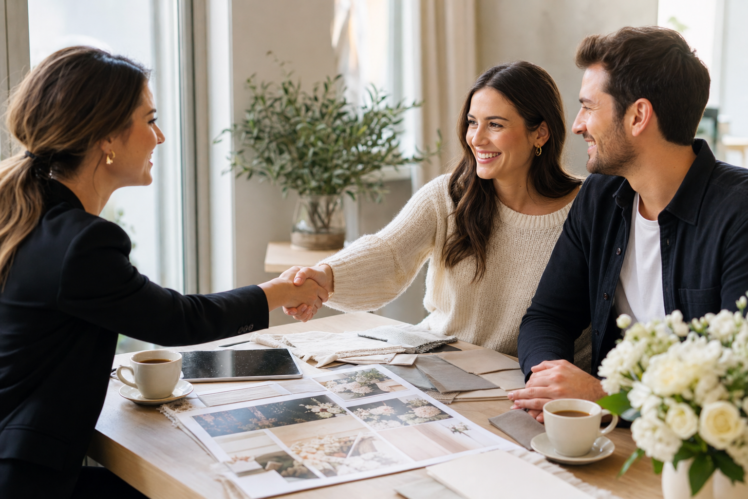 Wedding planner shaking hands with a newly booked couple