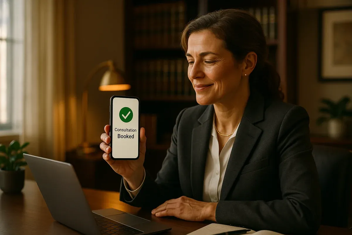 A prospective client in a modern law-firm waiting area scanning a small framed QR code on the reception counter to start a chat with the firm's AI intake assistant