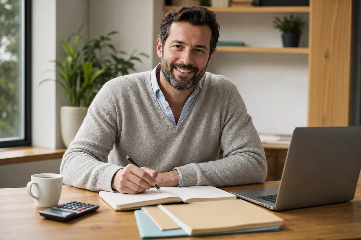 A mortgage broker at her desk looking up with a warm, welcoming smile