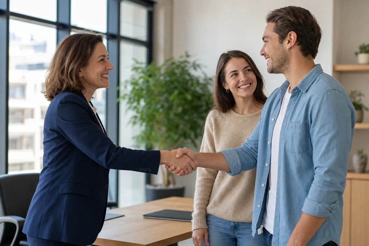 A mortgage broker shaking hands with a happy couple, everyone looking at each other