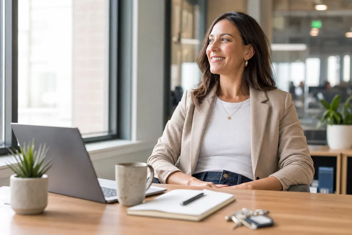 Property management coordinator at her desk with a calm, confident expression