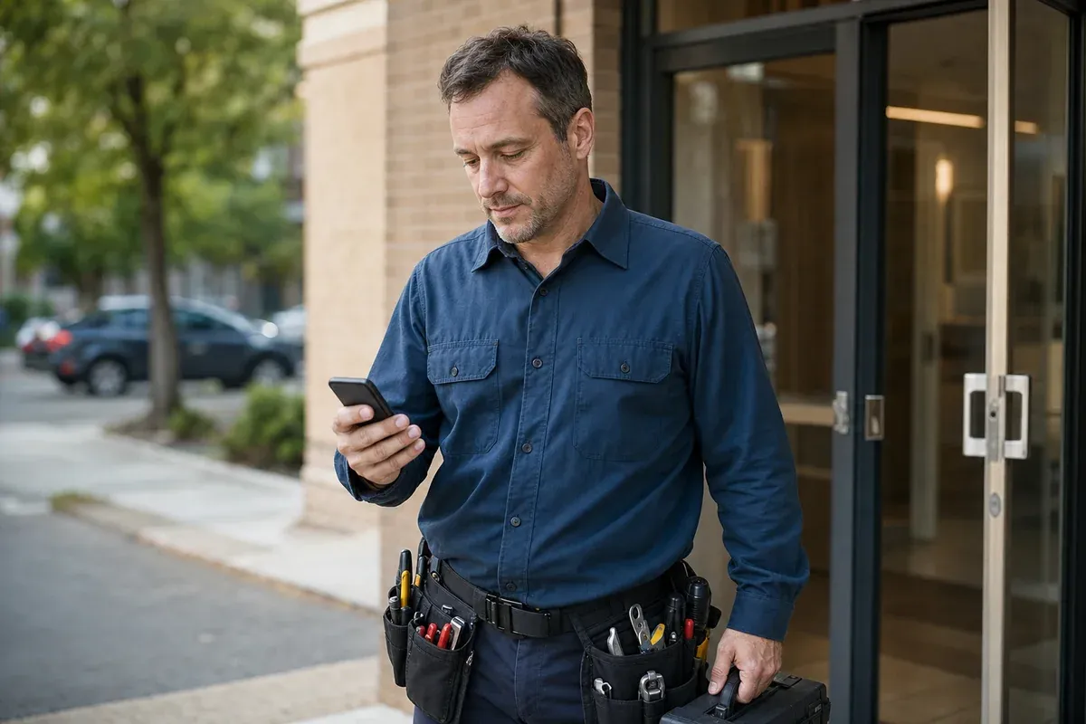 Maintenance technician outside an apartment building reading a dispatched work order on his phone