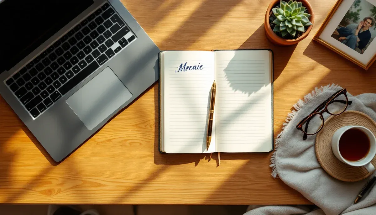 A calm, organised therapist's desk between sessions with a notebook, closed laptop and warm light