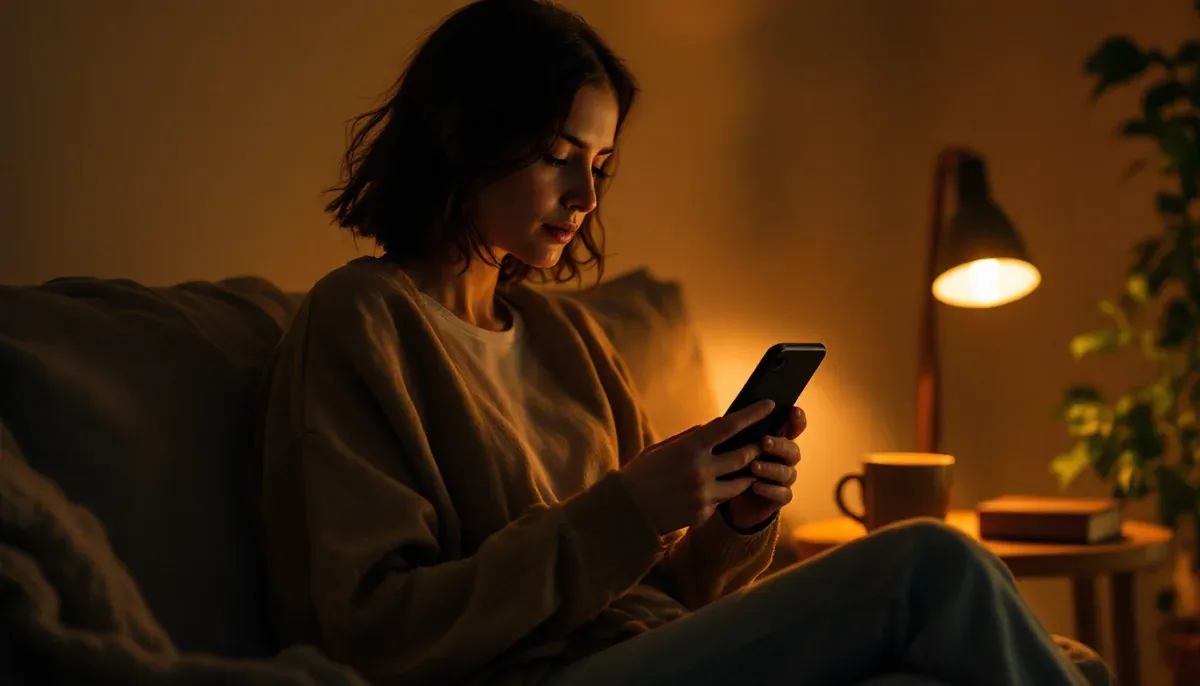A person sitting at home in the evening, composing a first message to a therapy practice on their phone