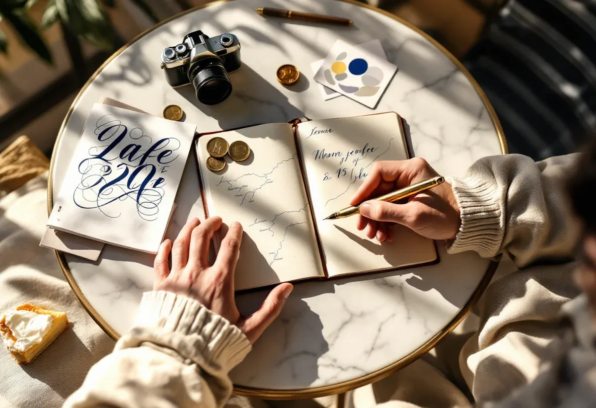 A guest's hands writing in a small leather travel journal at a sunlit café table after a tour — folded tour map, espresso cup and vintage camera on the marble tabletop