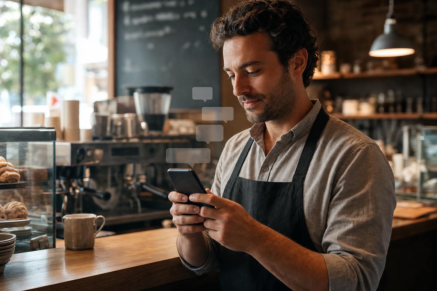 A small business owner checking customer messages on a phone between tasks