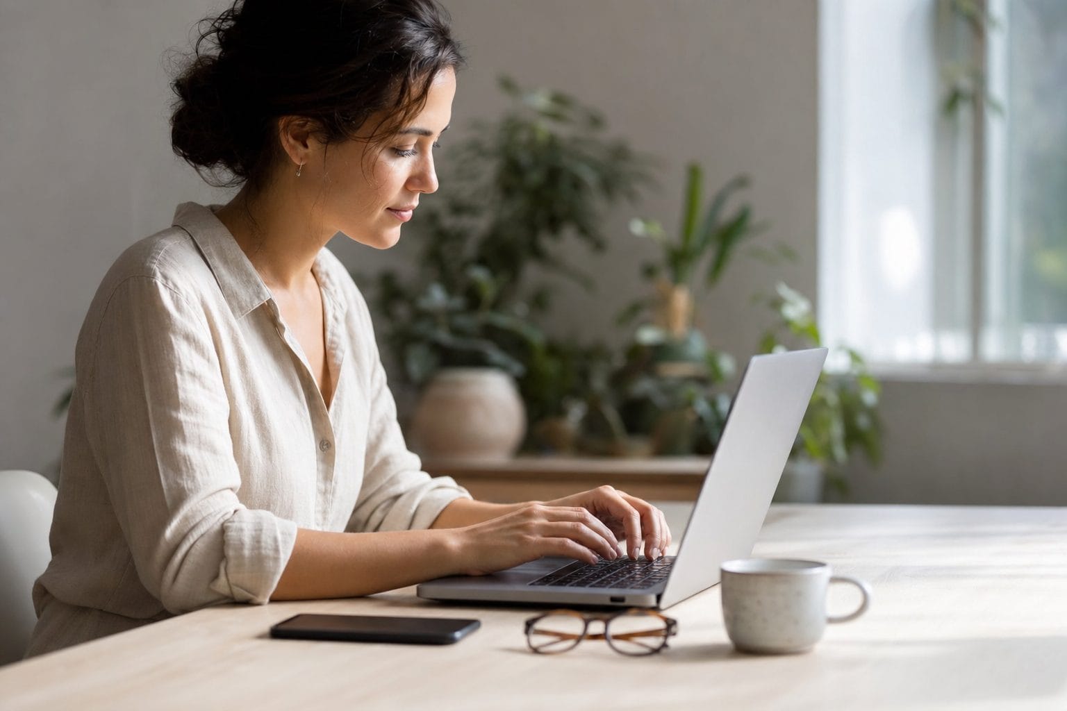 A focused entrepreneur setting up a chatbot on a laptop in bright morning light
