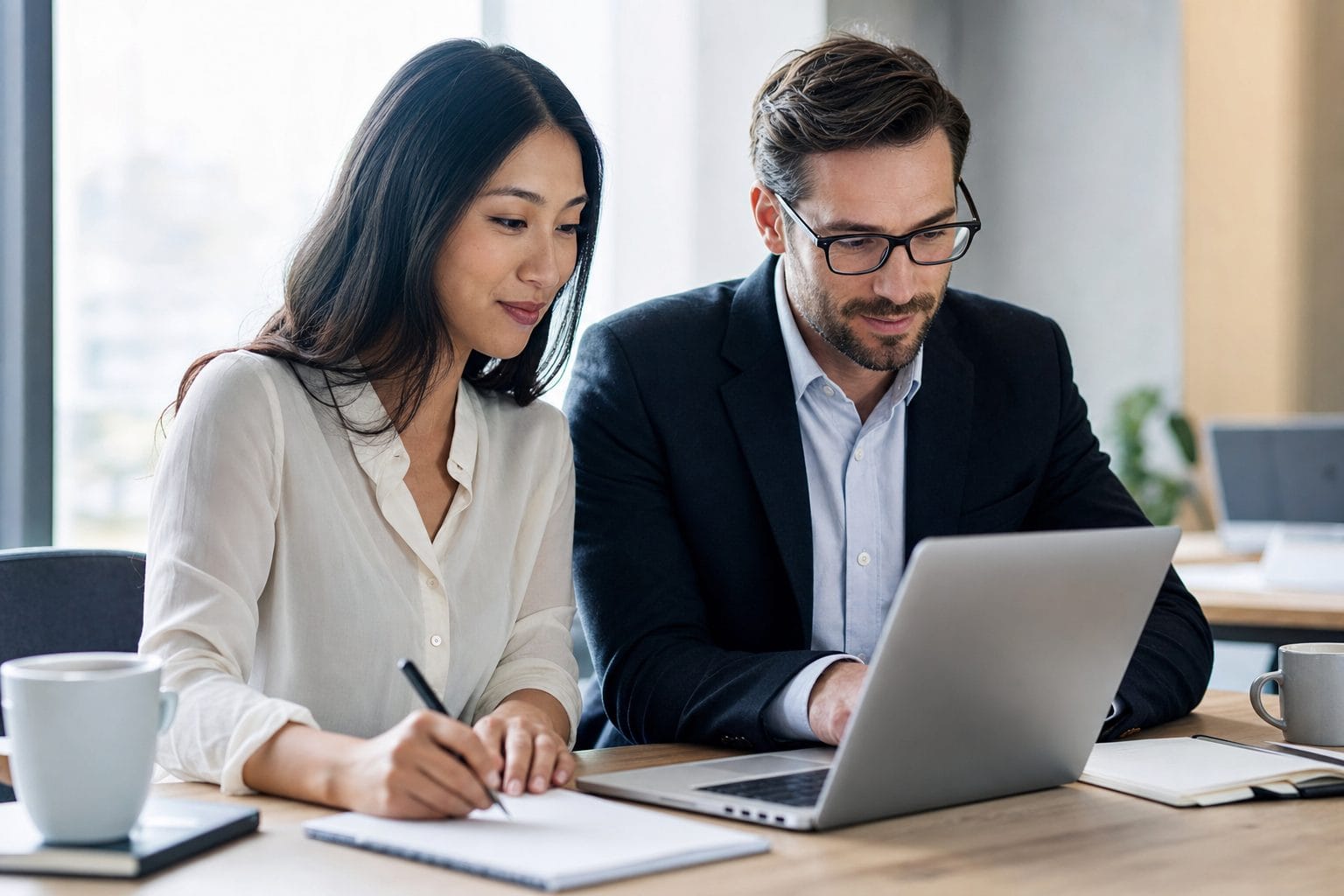 Two colleagues comparing chatbot options together on one laptop