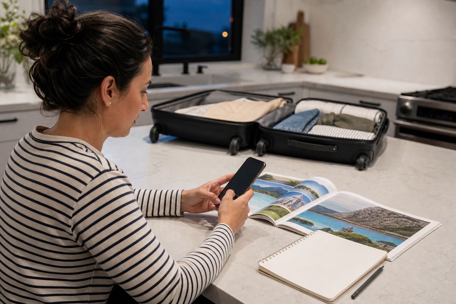 Traveller sending an after-hours text enquiry while preparing for a trip at home