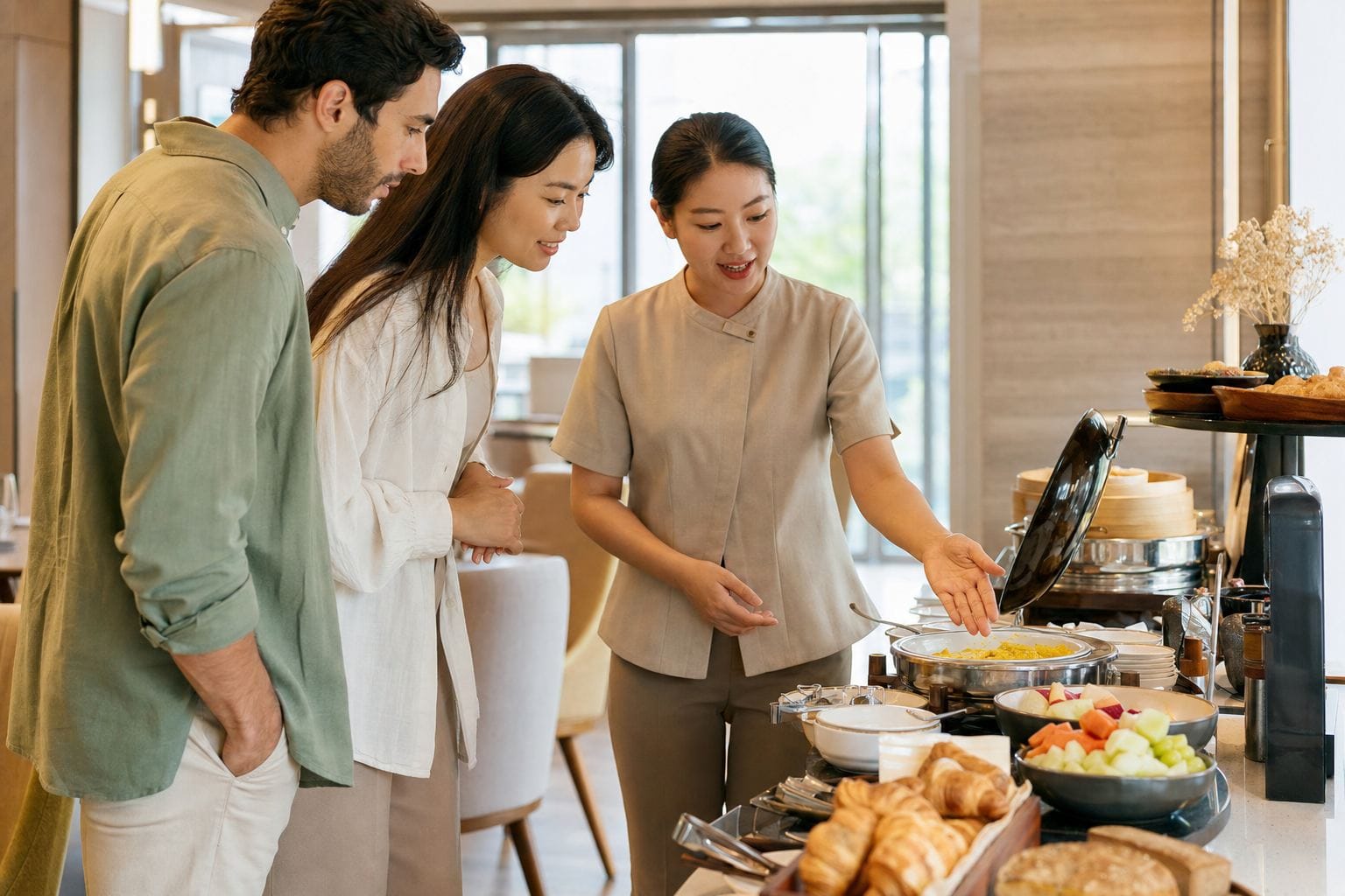 Hotel breakfast attendant explaining buffet choices to two guests