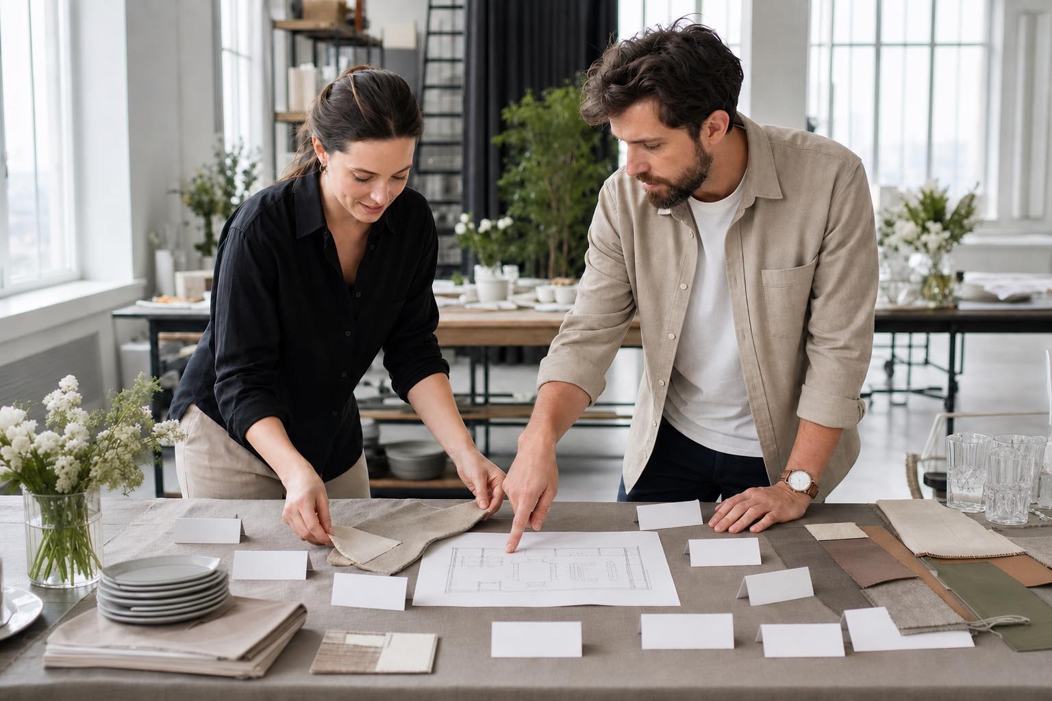 Event planner and catering lead building a brief with floor plans and fabric samples