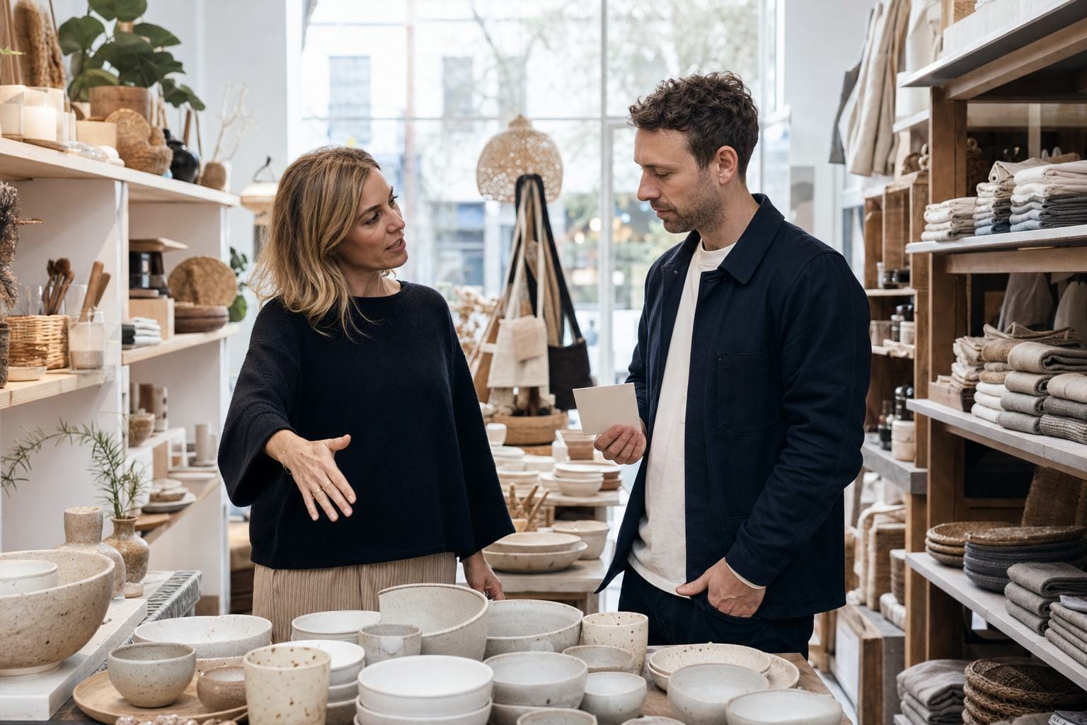 Agency strategist listening to a homewares shop owner during an in-store discovery session