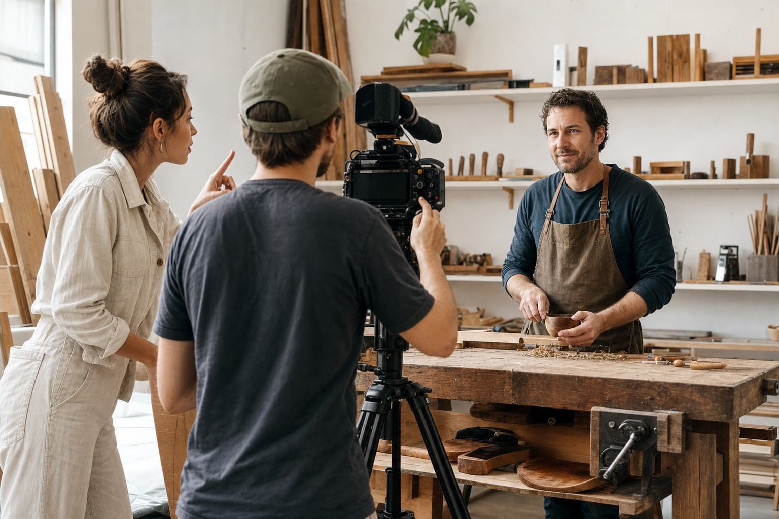 Marketing agency team filming a craft business owner in a working studio