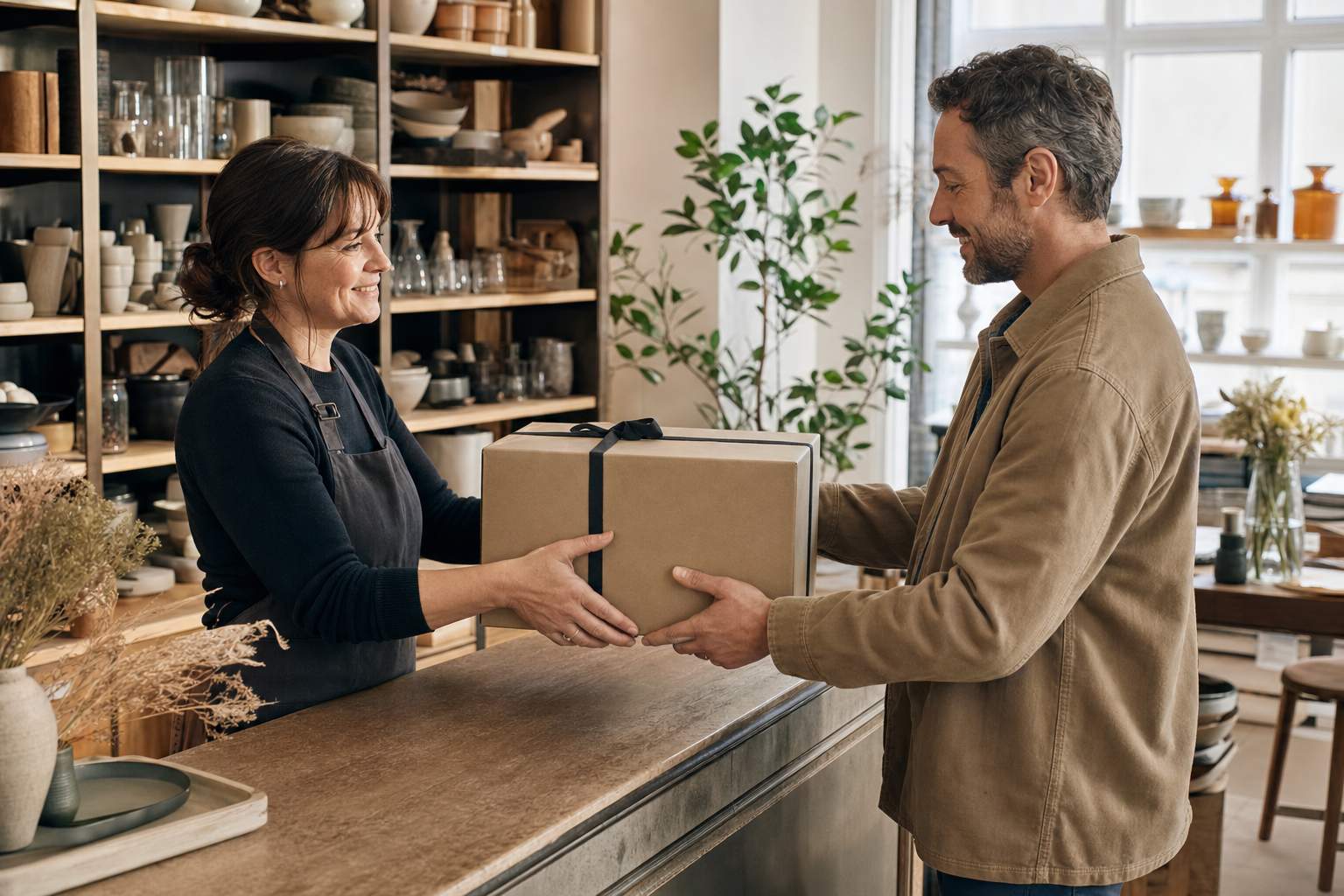 Shop assistant handing a replacement appliance to a customer after resolving their support request
