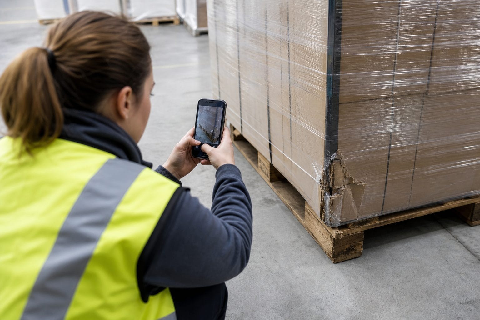Warehouse coordinator photographing pallet damage to add useful context to a freight enquiry