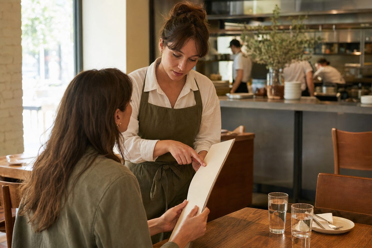 Restaurant server discussing menu details carefully with a diner before ordering