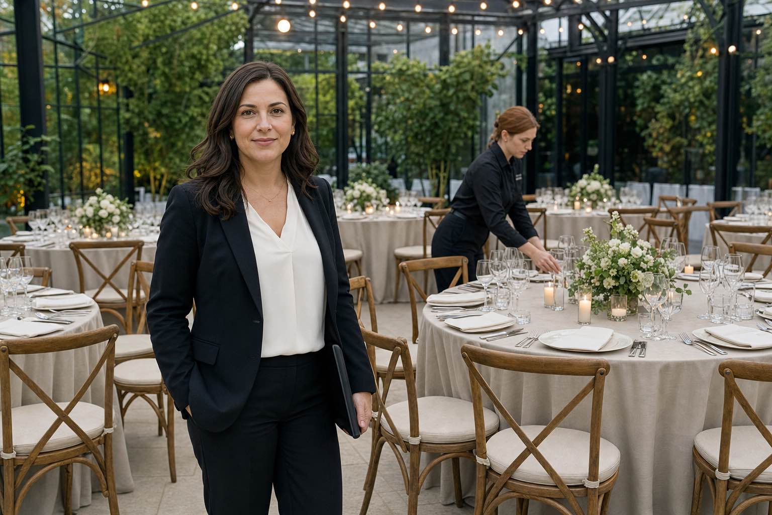Event planner completing a final walkthrough in a prepared conservatory reception space