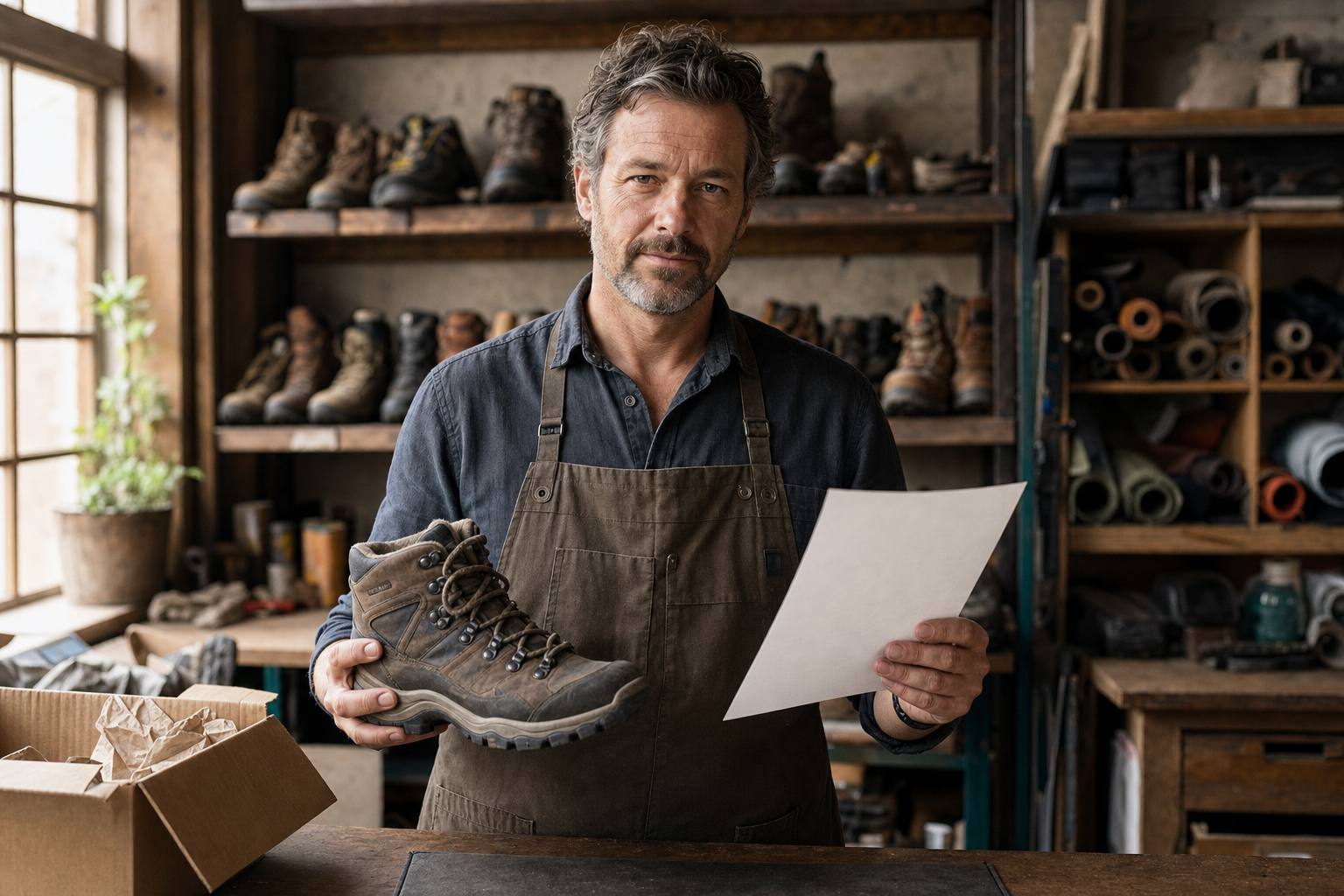 Workshop manager reviewing a returned hiking boot and warranty form before approving a reply