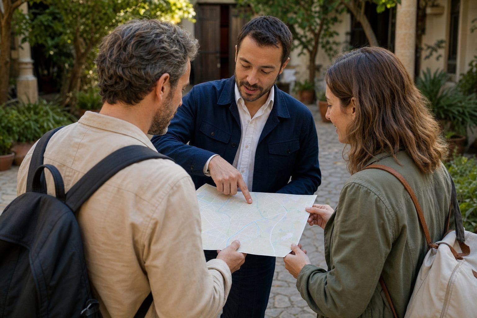 Hotel concierge helping two guests plan a local walking route in a courtyard