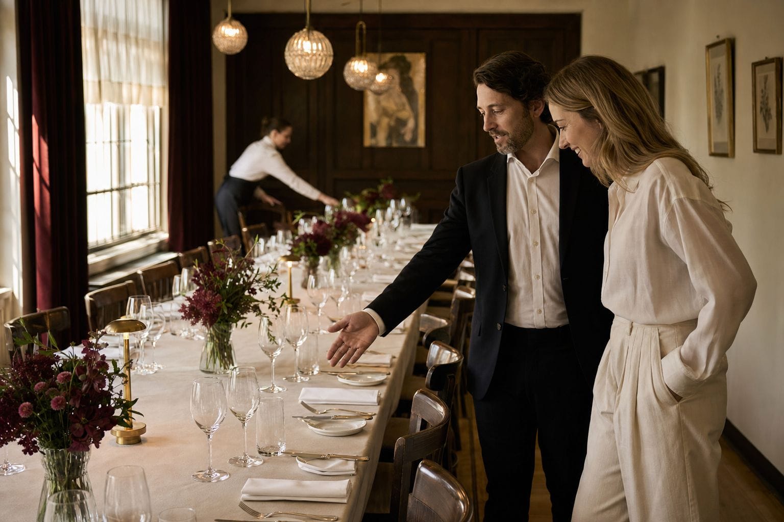 Restaurant events manager showing a client a prepared private dining room