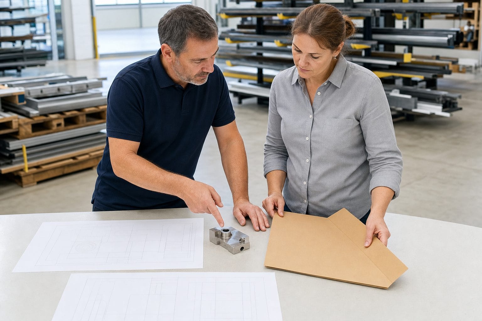 Sales engineer and production planner preparing a qualified RFQ brief for estimating