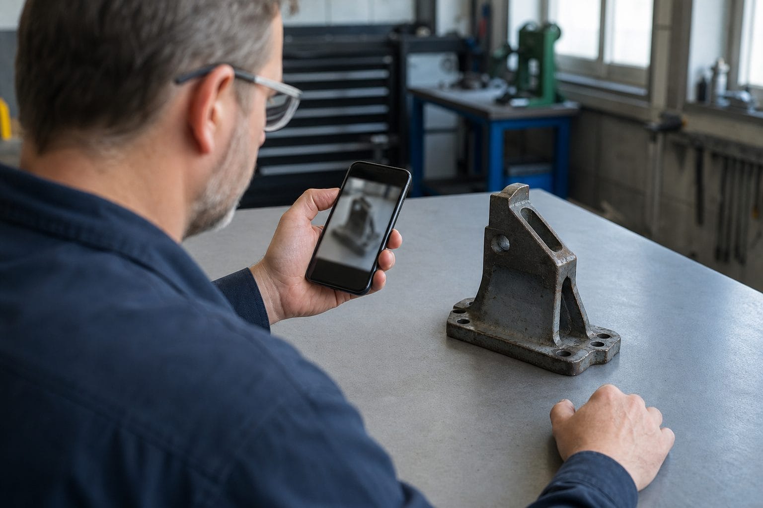 Procurement engineer photographing a worn industrial bracket to provide context for an RFQ
