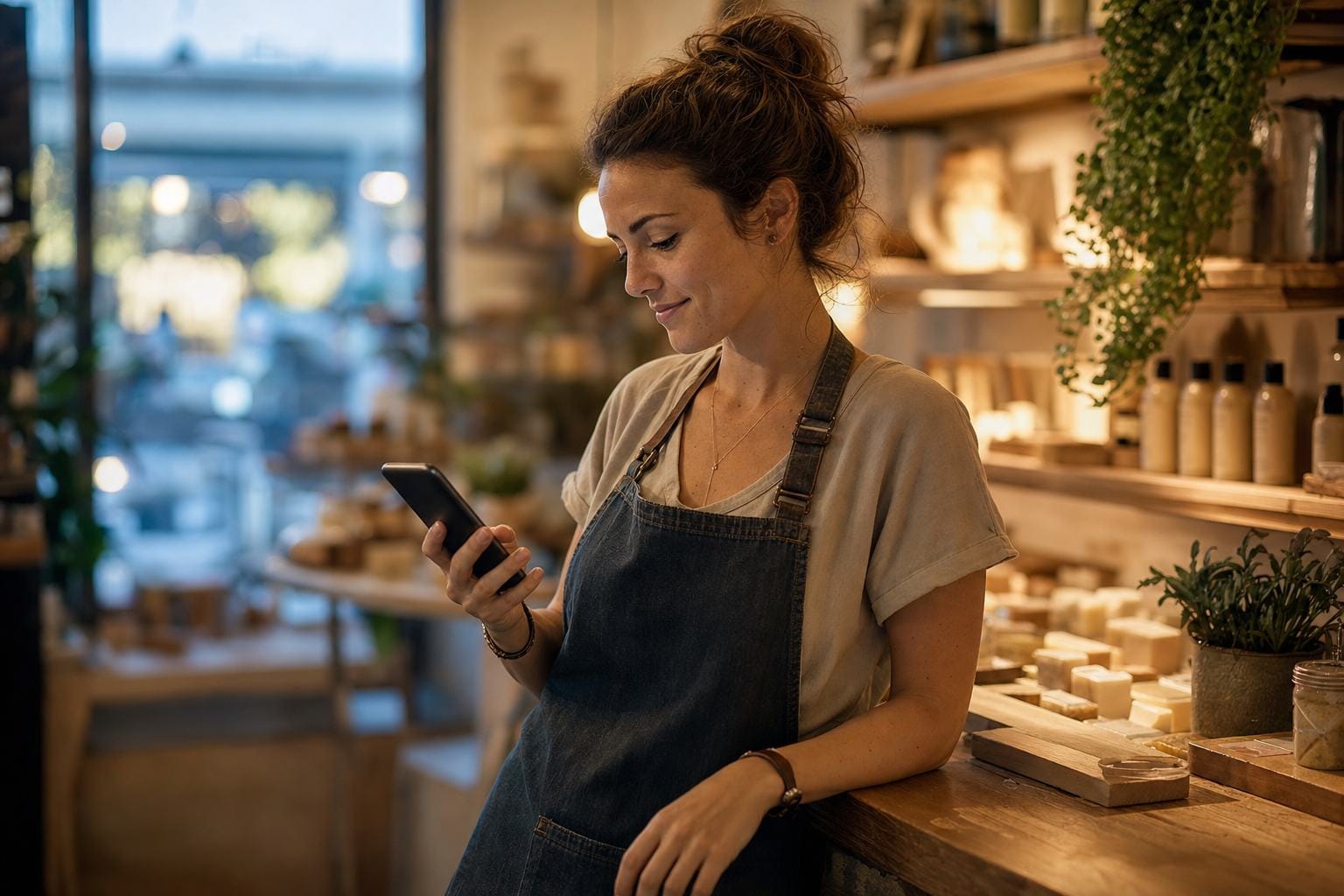 Boutique shop owner in a denim apron checking a new customer enquiry on her phone at the counter