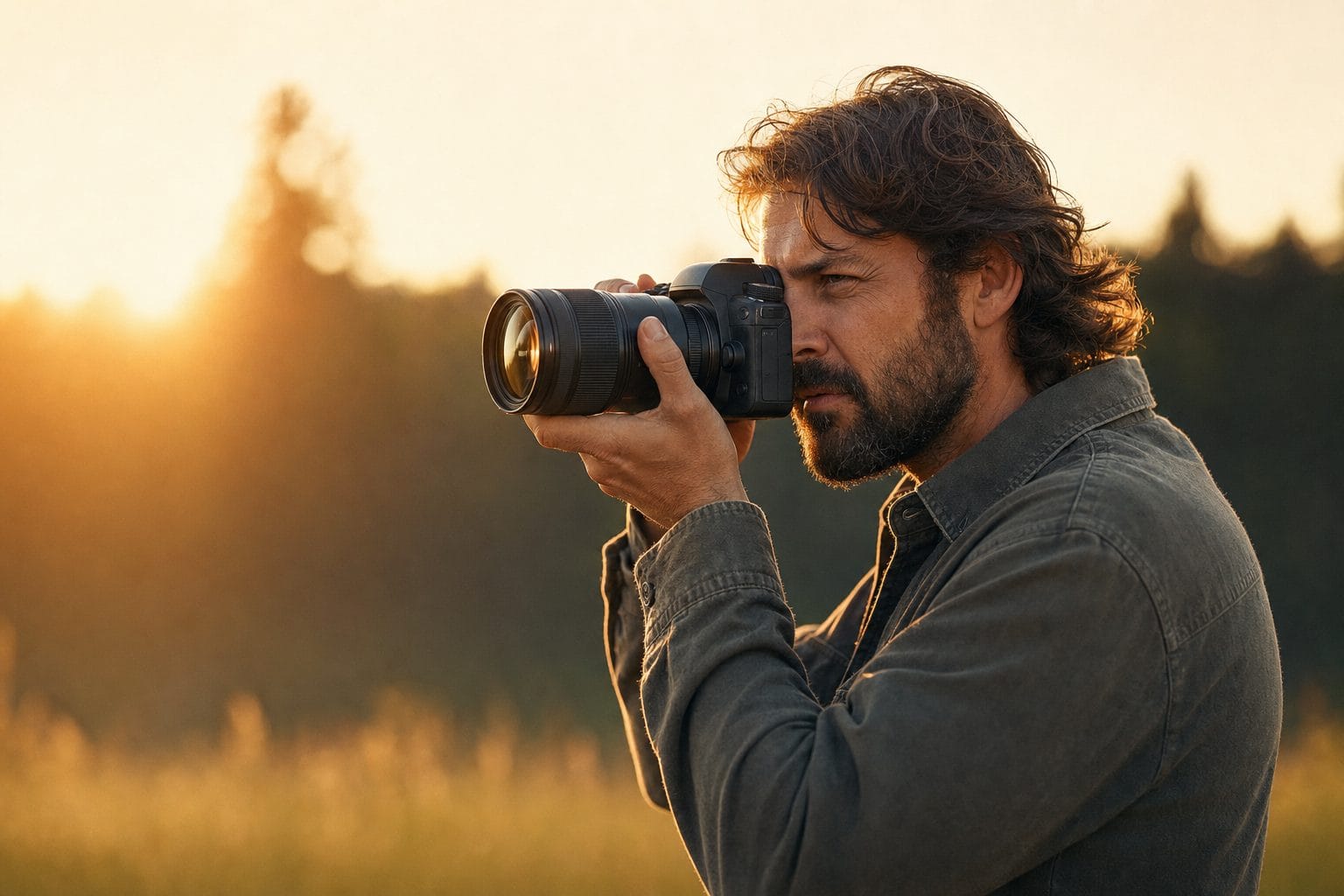 Photographer shooting during golden hour, camera to eye