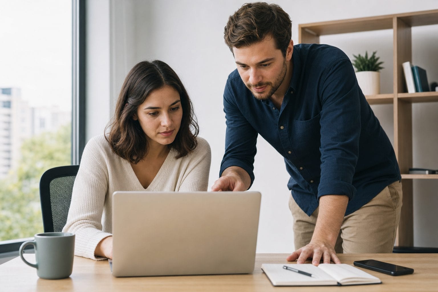 Two colleagues reviewing captured WhatsApp leads together on a laptop in a bright office