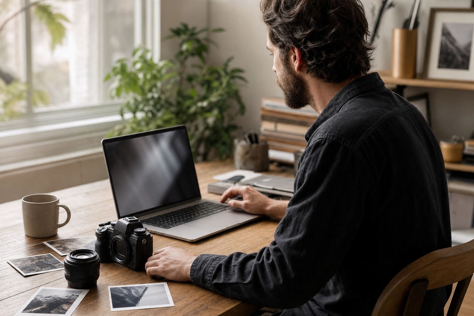 Photographer reviewing client enquiries on a laptop at a studio desk