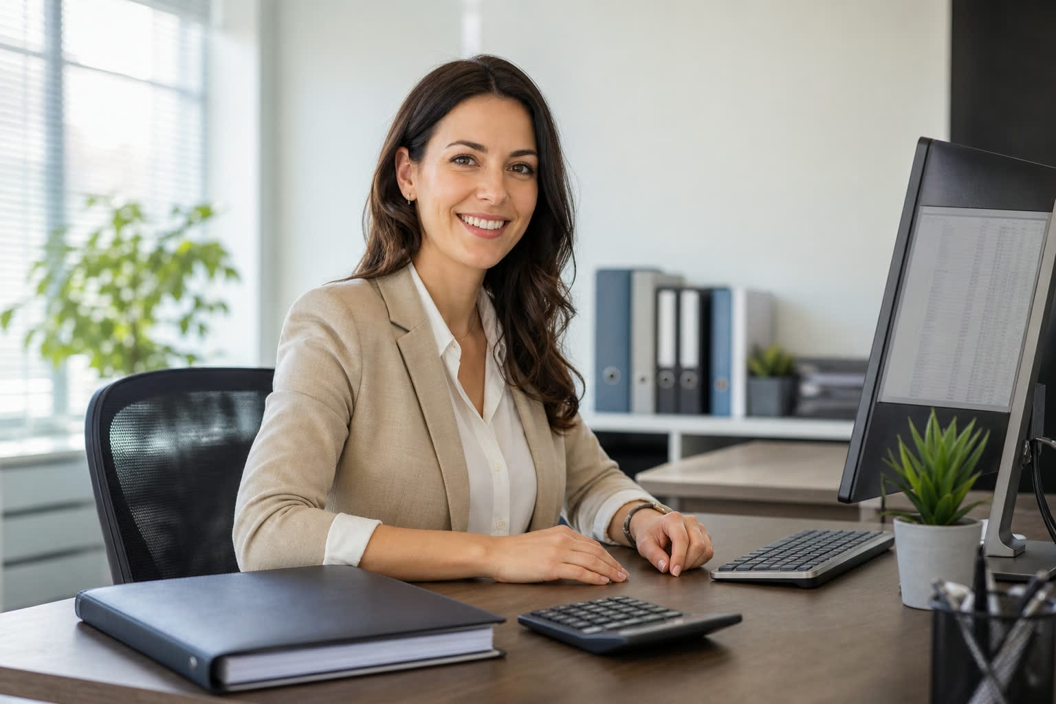 Accountant smiling at the camera beside a desktop computer in a bright office