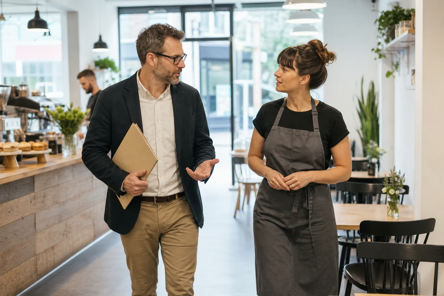 Accountant and cafe owner discussing next steps during a business visit
