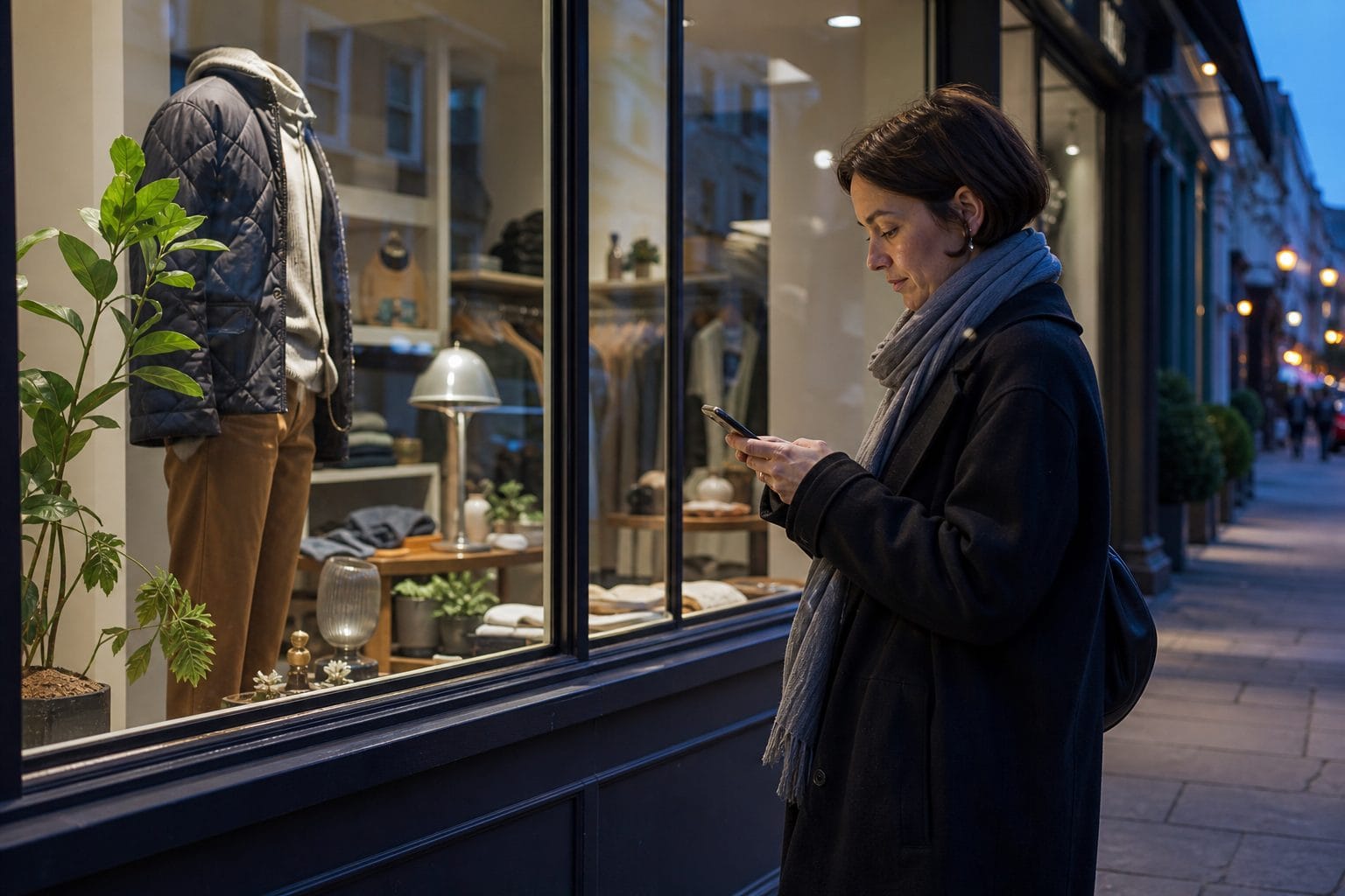 Shopper sending an after-hours product question outside a closed independent store