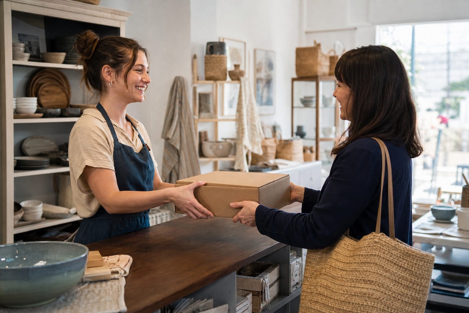 Store associate handing a click-and-collect purchase to a customer