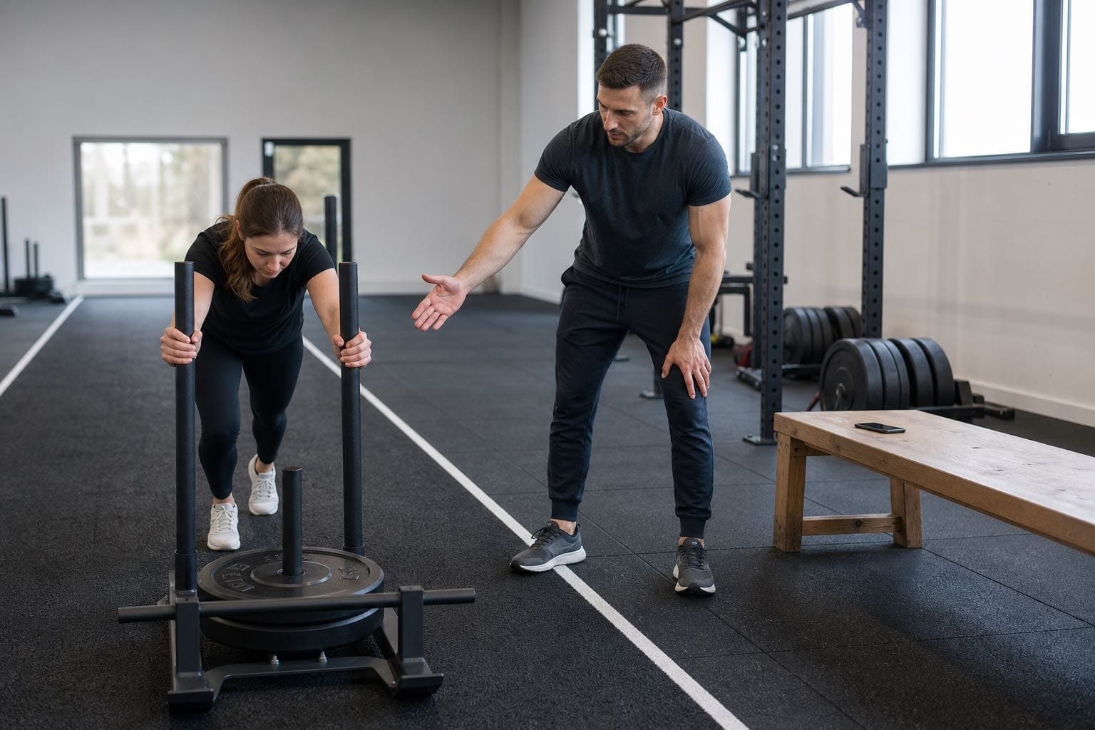 Personal trainer coaching a client while an enquiry phone remains inactive nearby