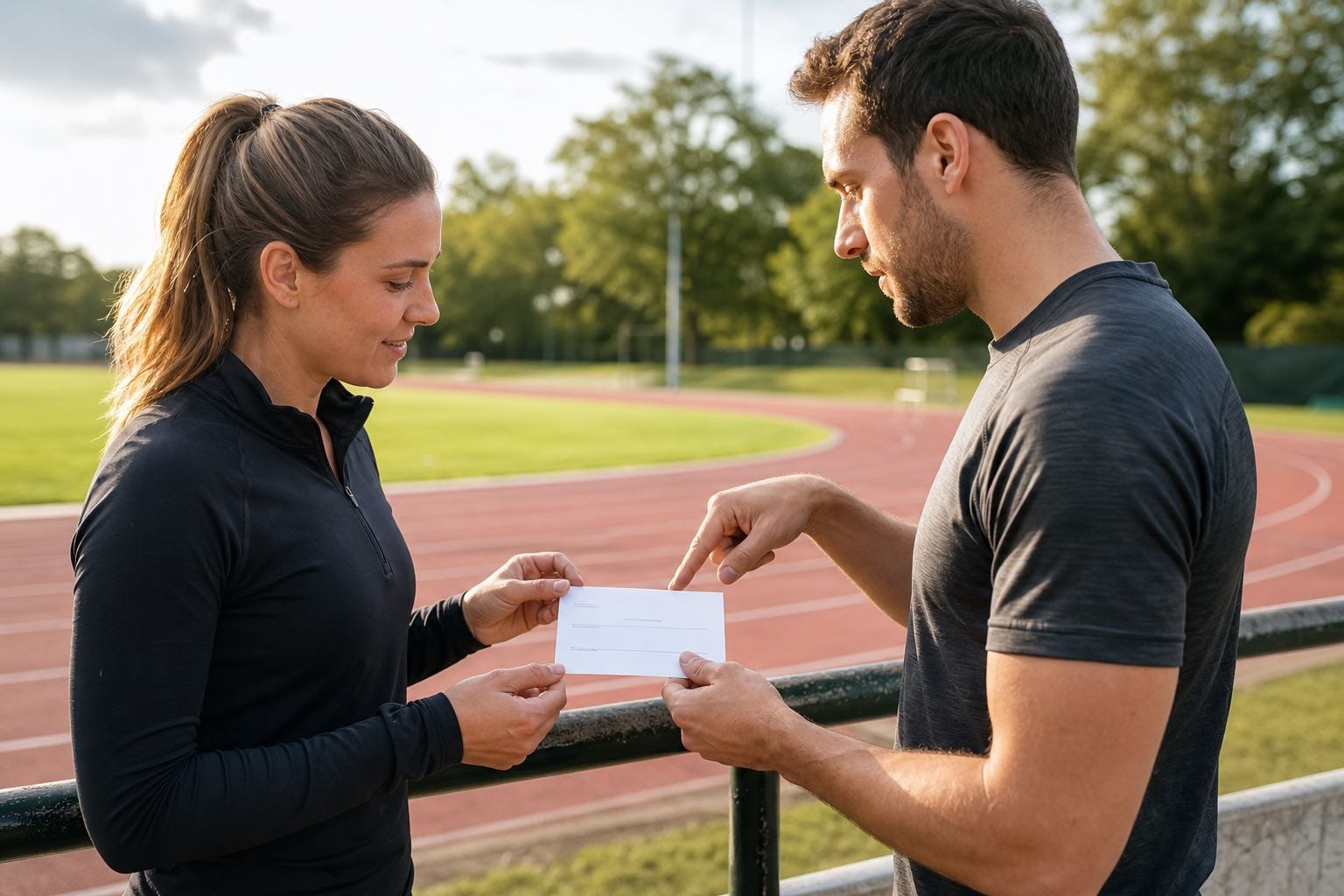 Personal trainer and prospective client reviewing the next step after a consultation