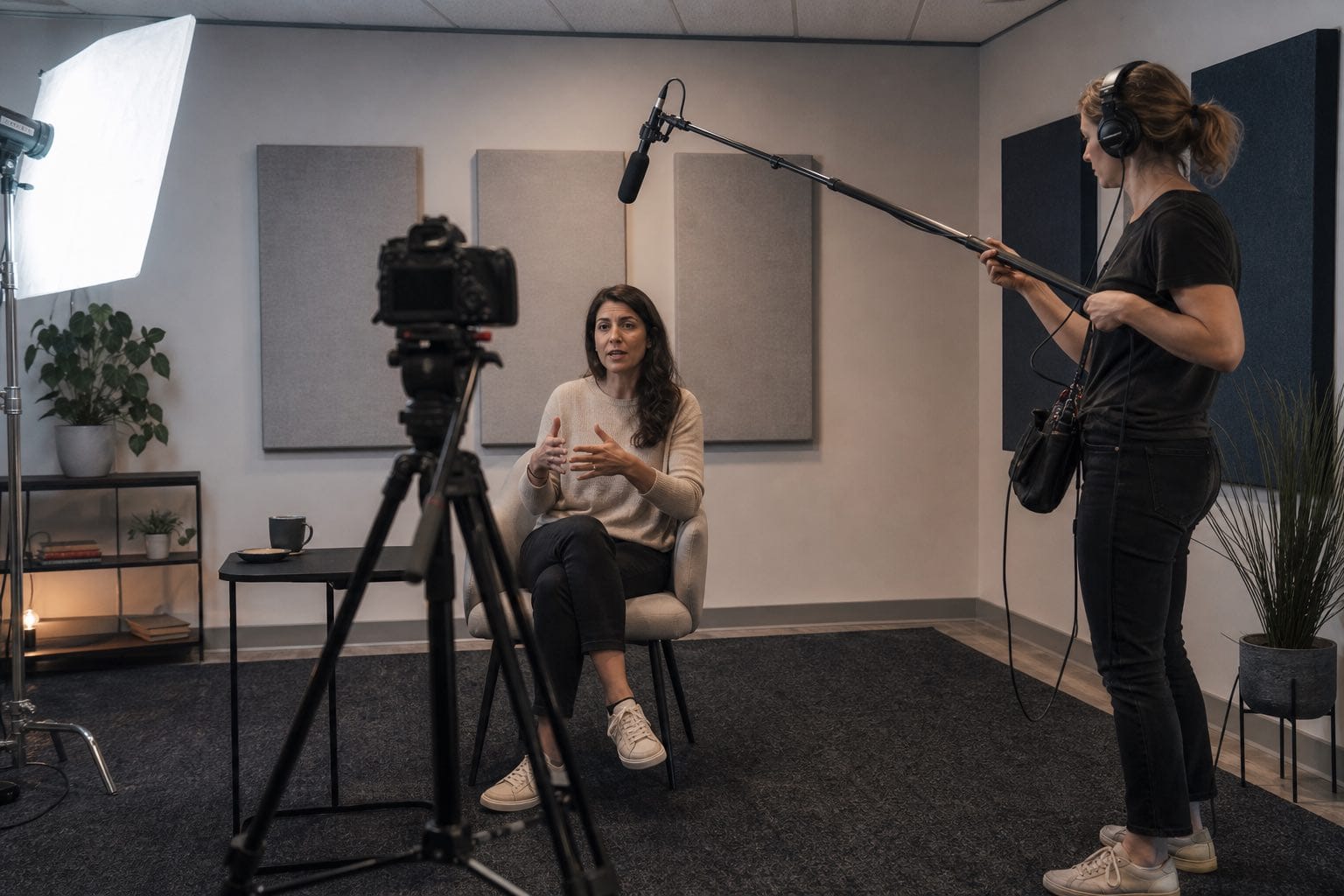 Coach recording a course lesson while a production assistant positions the microphone