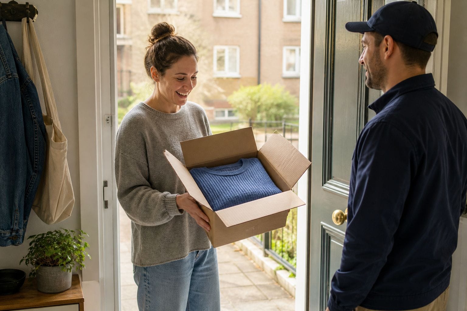 Customer checking the correct clothing item after receiving an ecommerce delivery at home