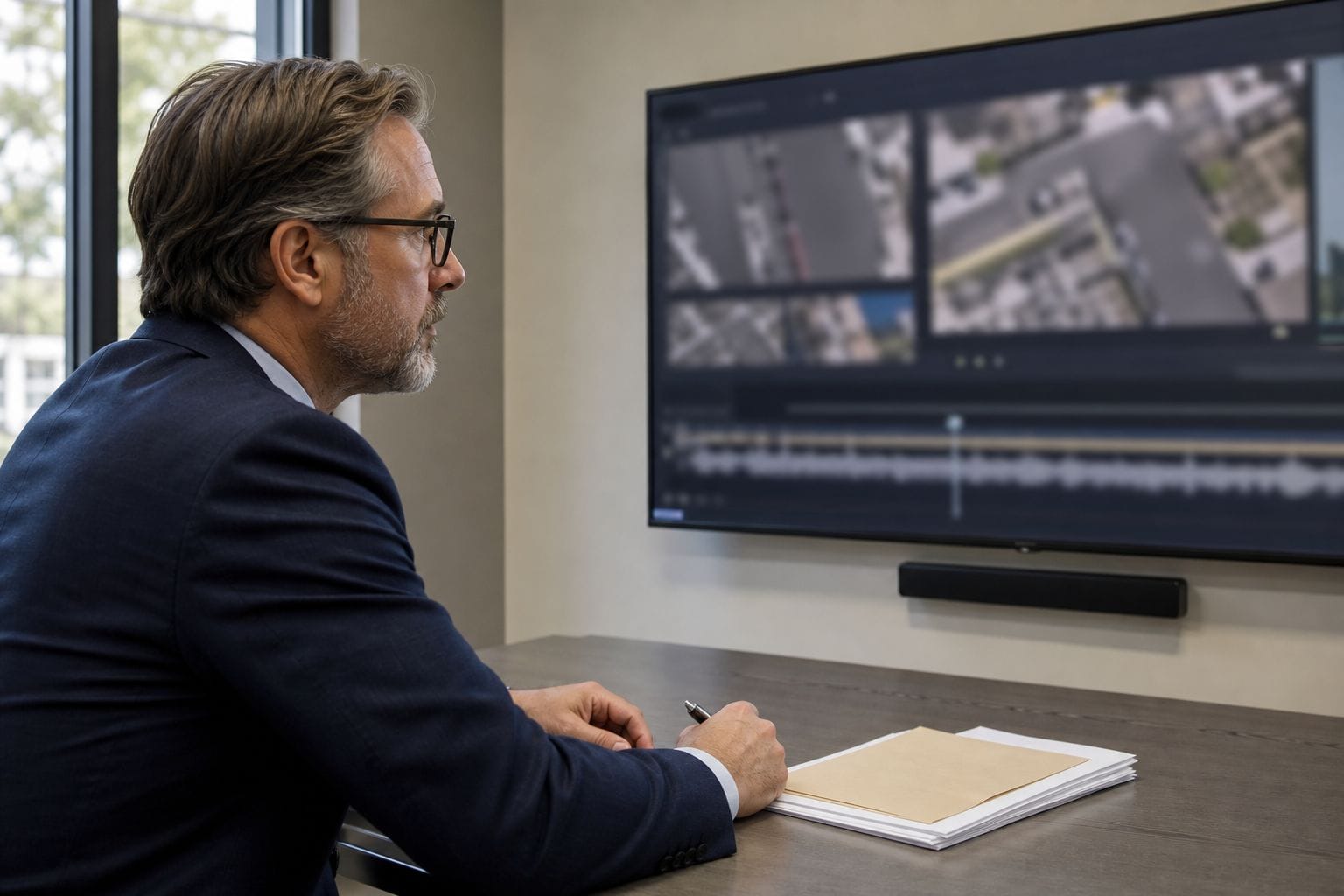 Defence lawyer reviewing searchable video evidence in a dedicated media room