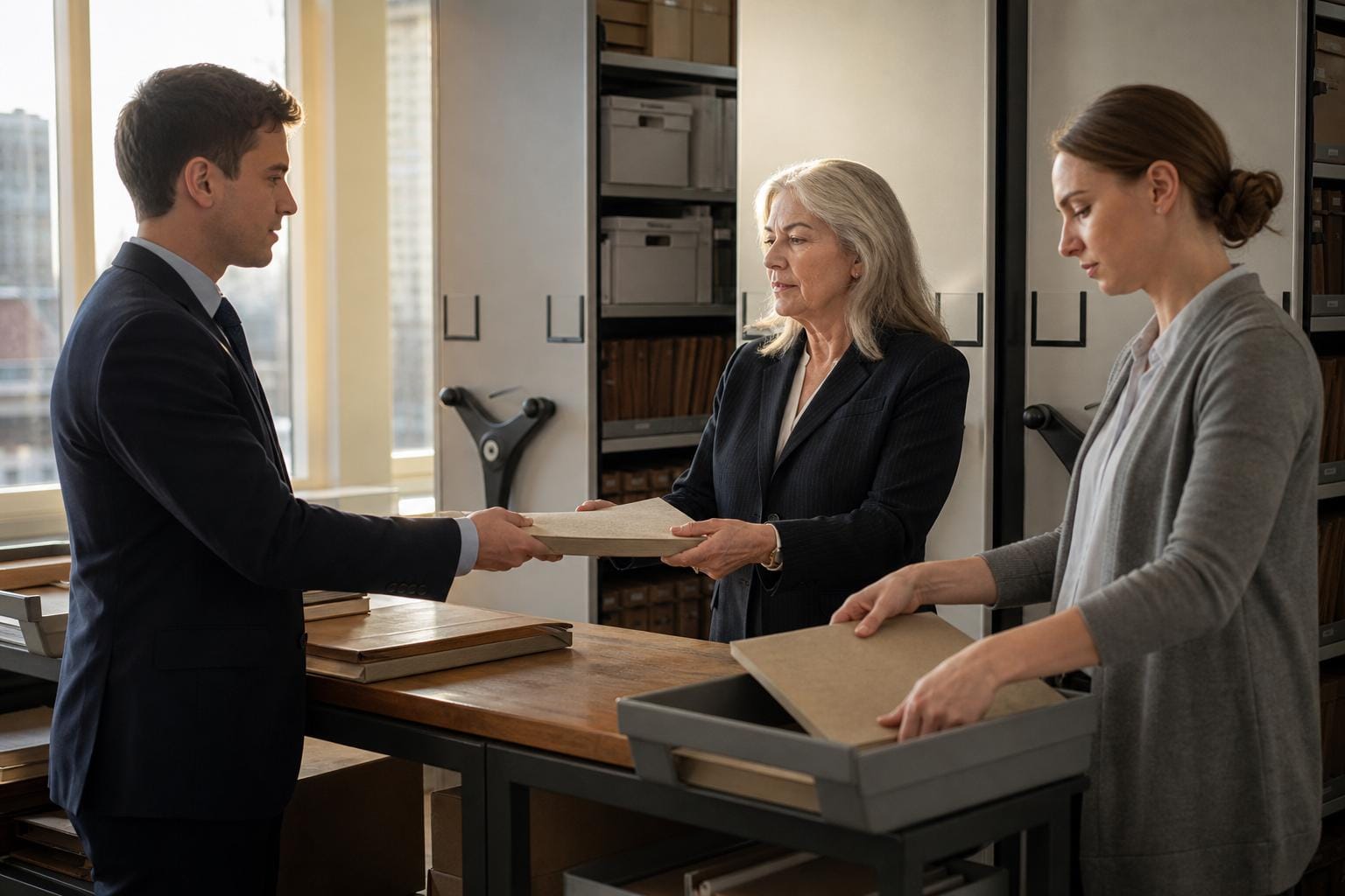 Associate handing a reviewed document bundle to a senior lawyer for final judgement